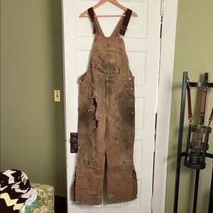 Carhartt Brown Distressed Canvas Bib Overalls with Dark Brown Straps